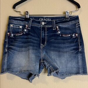 Grace in LA Dark Indigo Embellished Denim Cutoff Shorts Easy Fit Size 31